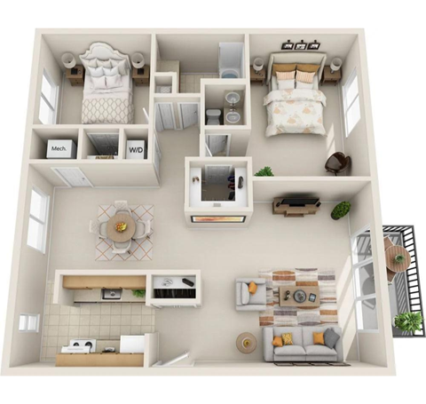 Floor plan for 2 beds, 1.5 baths, 1110 sqft